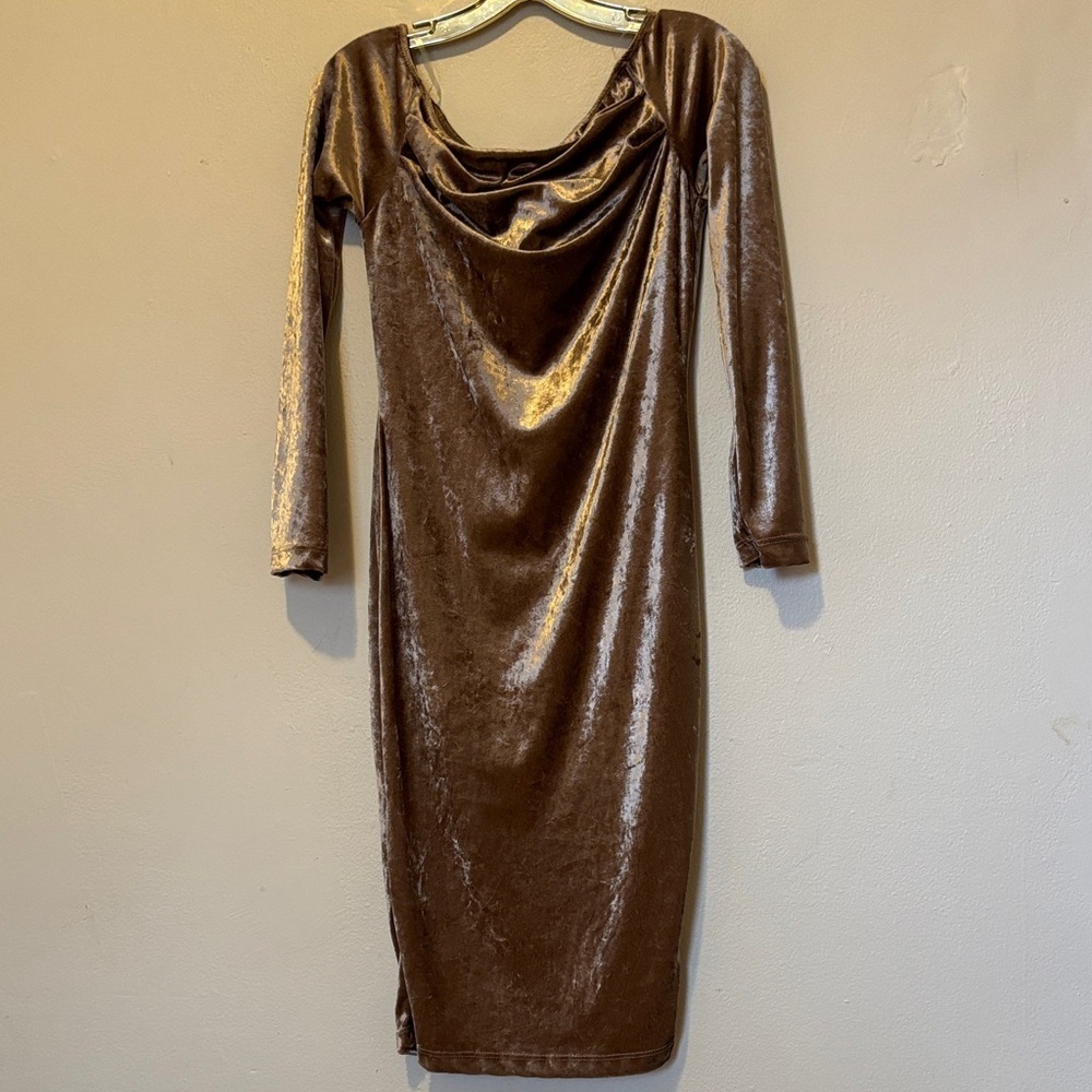 Elegant Long Sleeve Velvet Dress in Brown